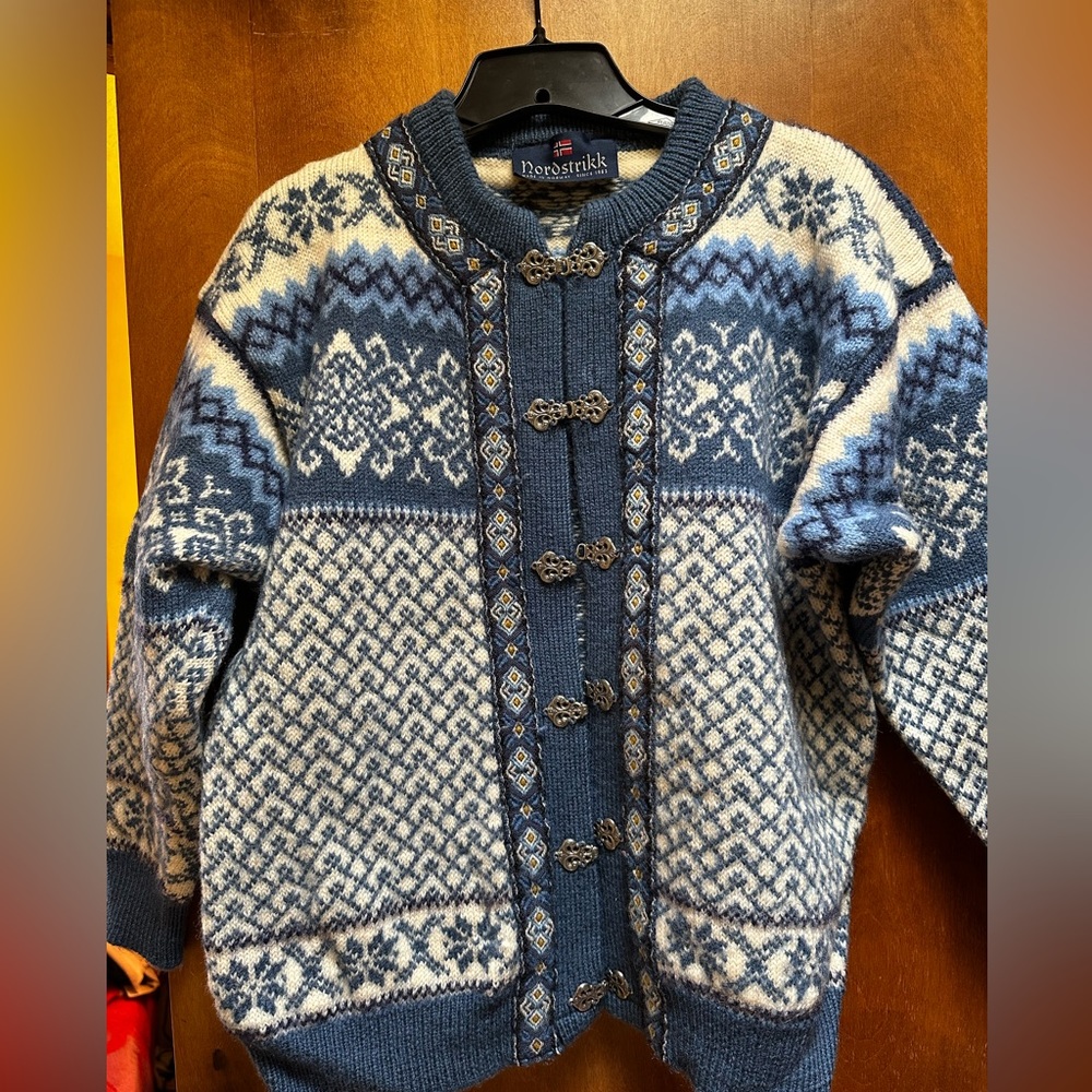 Blue and white Nordstrikk 100% Virgin Wool Sweater